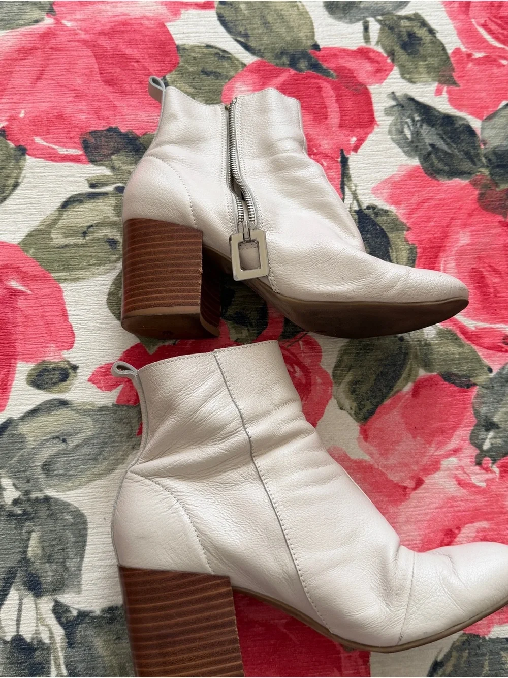 Women's Cream Leather Ankle Boots with Stacked Heel